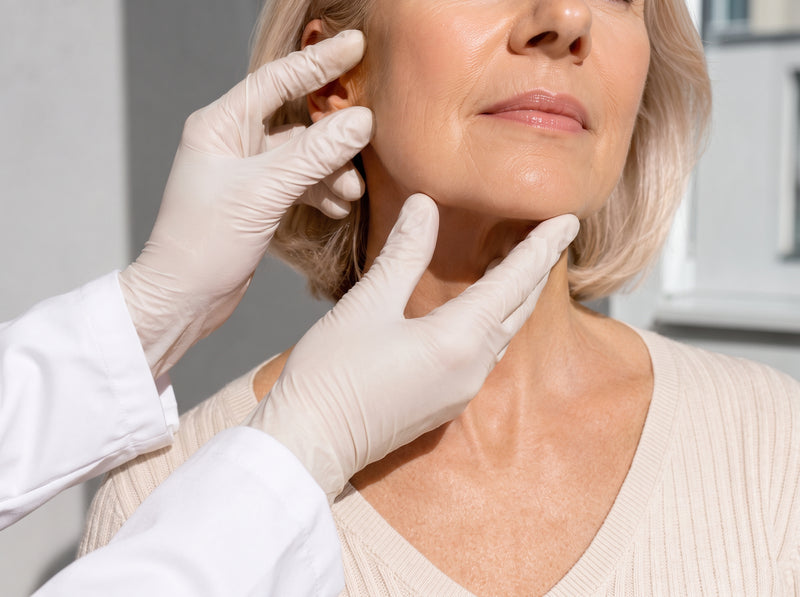 A provider's gloved hands on a woman's face during a facial treatment