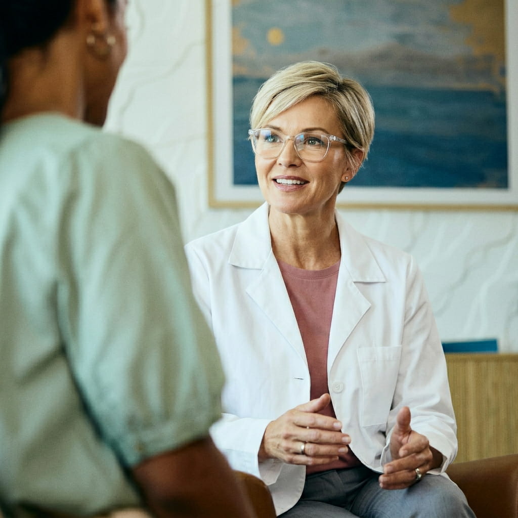 A provider in a white coat talking with a patient