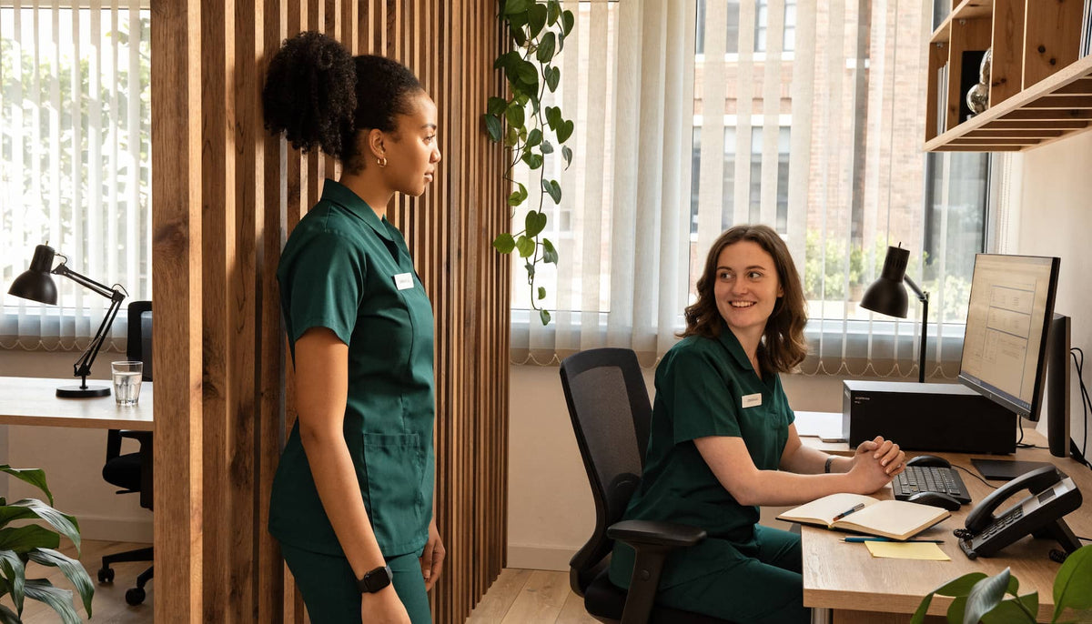 Two clinicians in green scrubs talking in a bright office