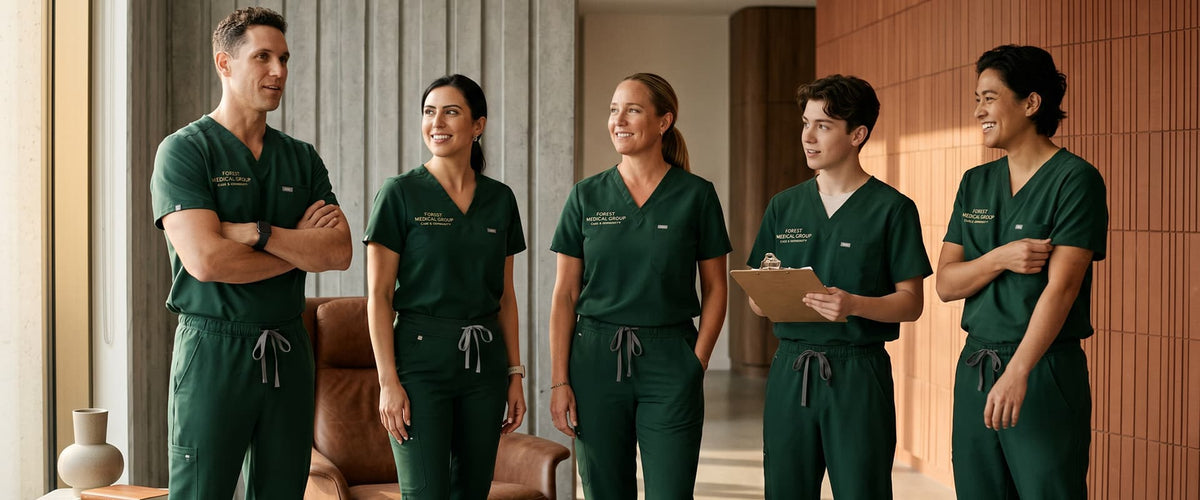 Five clinicians in green scrubs standing together in a clinic